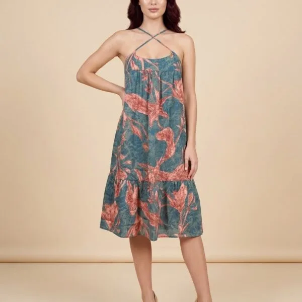 Teal Coral Tie-Strap Tiered Sundress