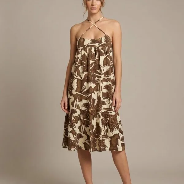Mocha Bloom Tie-Strap Tiered Sundress