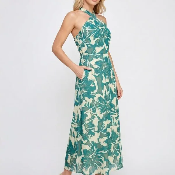 Sage Palm Halter Maxi Dress