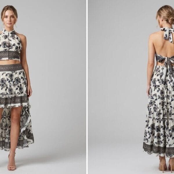 Ivory Noir Halter Crop Top & Tiered Maxi Skirt Set