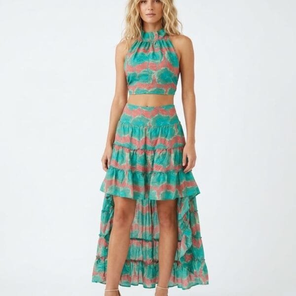 Turquoise Coral Halter Crop Top & Tiered Maxi Skirt Set