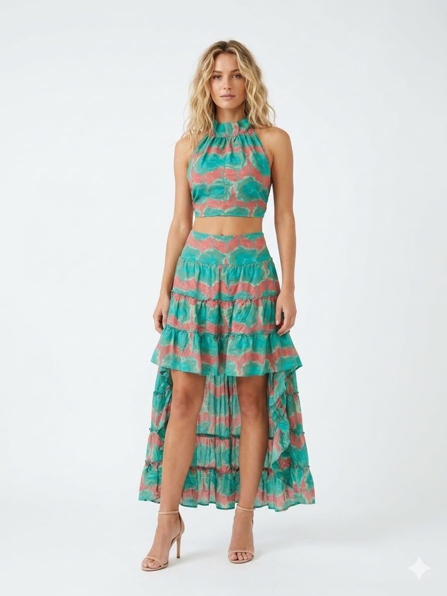 Turquoise Coral Halter Crop Top & Tiered Maxi Skirt Set