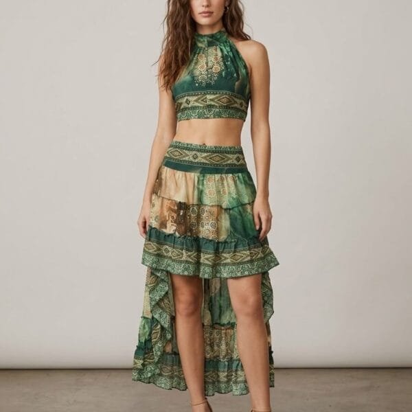 Emerald Gold Halter Crop Top & Tiered Maxi Skirt Set