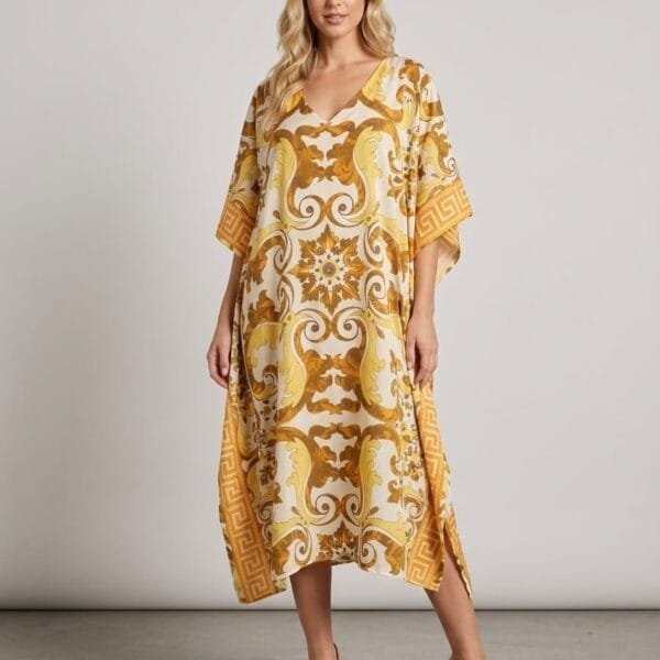 Golden Baroque V-Neck Kaftan Maxi Dress