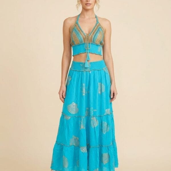 Turquoise Gold Crochet Bralette & Tiered Maxi Skirt Set
