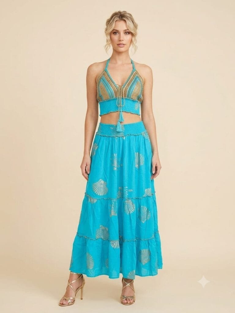 Turquoise Gold Crochet Bralette & Tiered Maxi Skirt Set