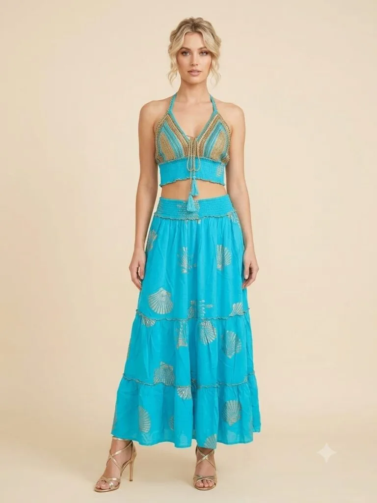 Turquoise Gold Crochet Bralette & Tiered Maxi Skirt Set