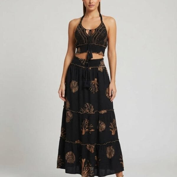 Onyx Coral Crochet Bralette & Tiered Maxi Skirt Set