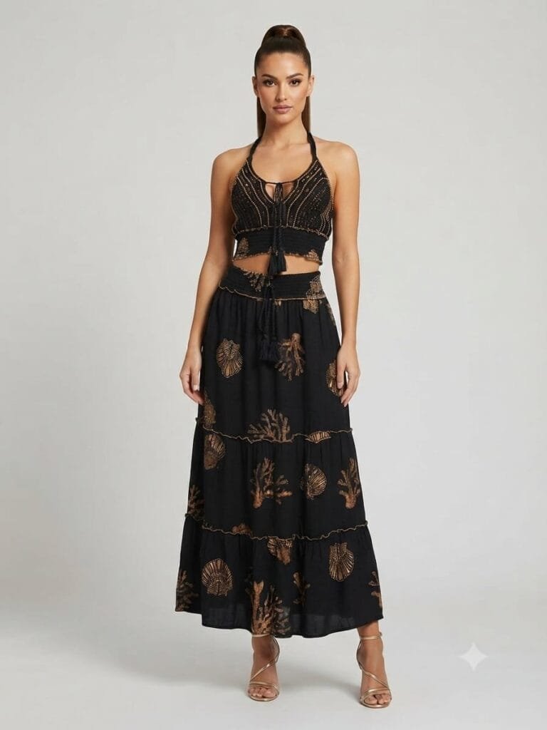 Onyx Coral Crochet Bralette & Tiered Maxi Skirt Set