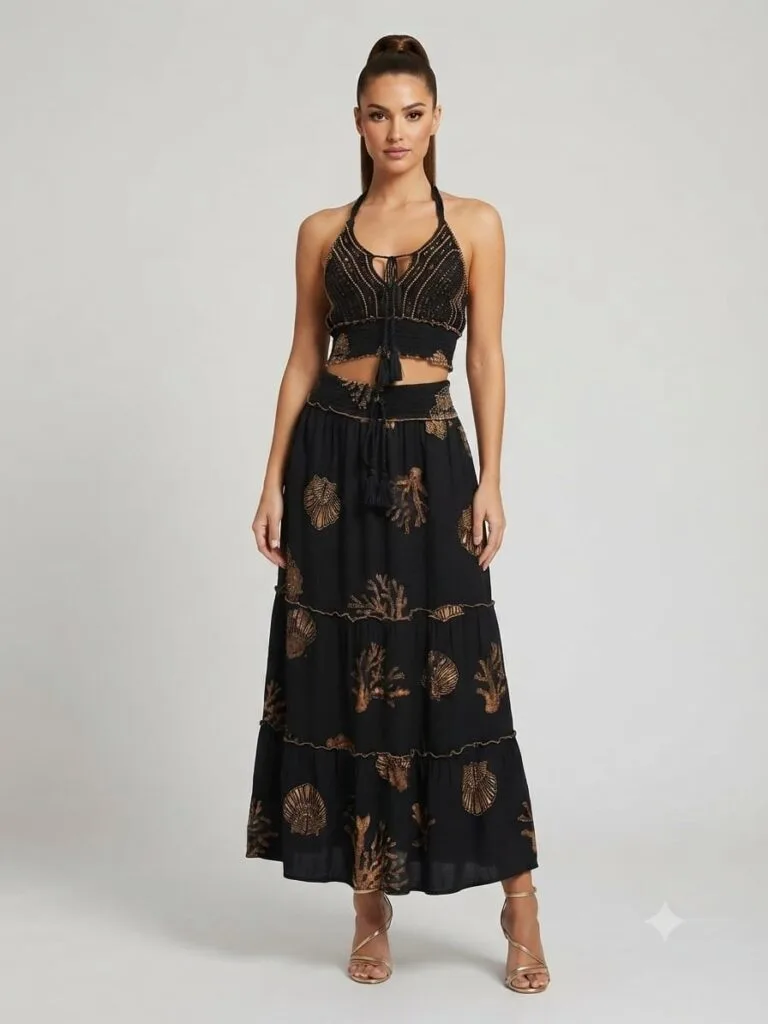 Onyx Coral Crochet Bralette & Tiered Maxi Skirt Set