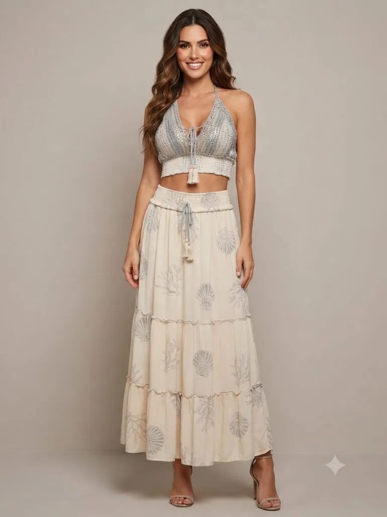 Ivory Gold Crochet Bralette & Tiered Maxi Skirt Set