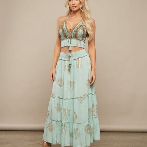 Seafoam Gold Crochet Bralette & Tiered Maxi Skirt Set