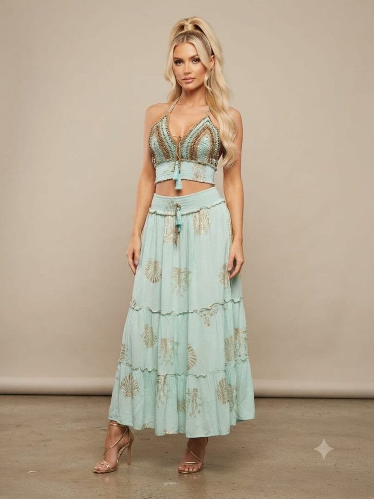 Seafoam Gold Crochet Bralette & Tiered Maxi Skirt Set