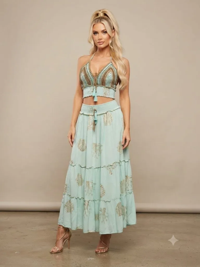 Seafoam Gold Crochet Bralette & Tiered Maxi Skirt Set