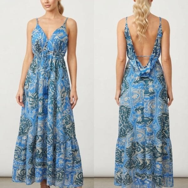 Porcelain Blue Tassel Tie Maxi Dress