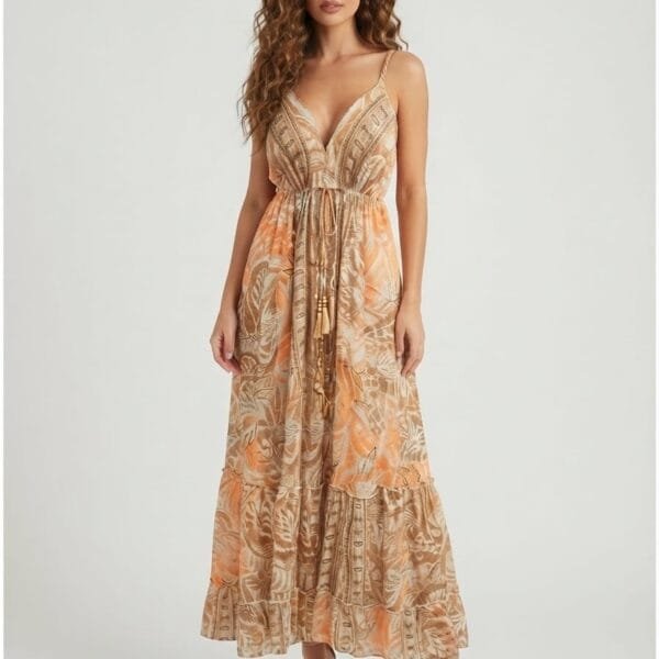 Apricot Haze Tassel Tie Maxi Dress