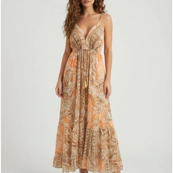 Apricot Haze Tassel Tie Maxi Dress