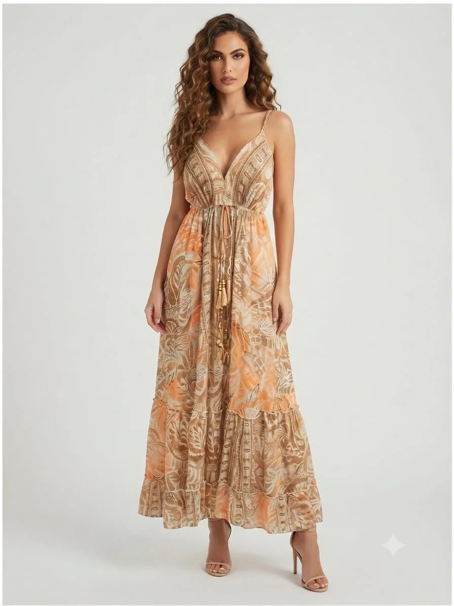 Apricot Haze Tassel Tie Maxi Dress