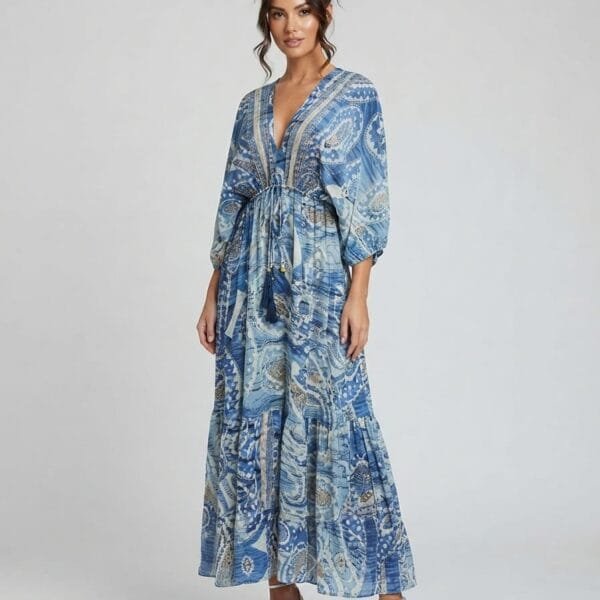 Cobalt Paisley Embroidered V-Neck Tiered Maxi Dress