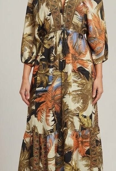 Copper Jungle Embroidered V-Neck Tiered Maxi Dress