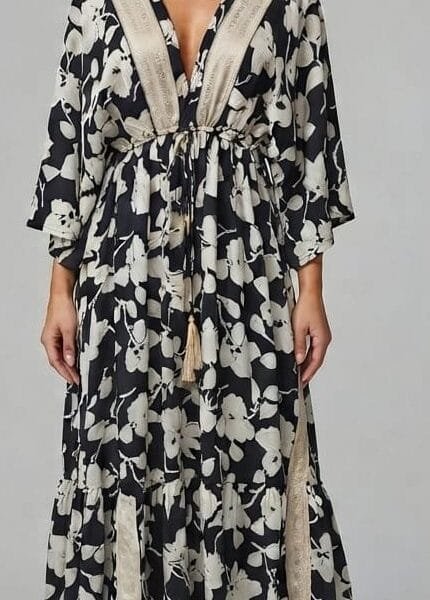 Ink Blossom Embroidered V-Neck Tiered Maxi Dress