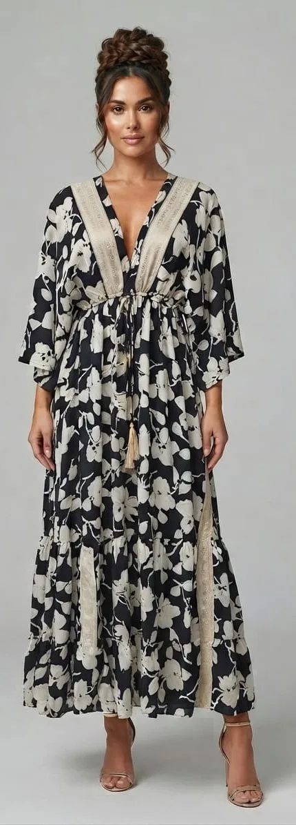 Ink Blossom Embroidered V-Neck Tiered Maxi Dress