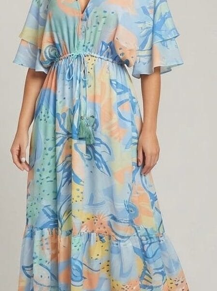 Powder Bloom Embroidered V-Neck Tiered Maxi Dress