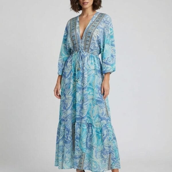 Aegean Mist Embroidered V-Neck Tiered Maxi Dress