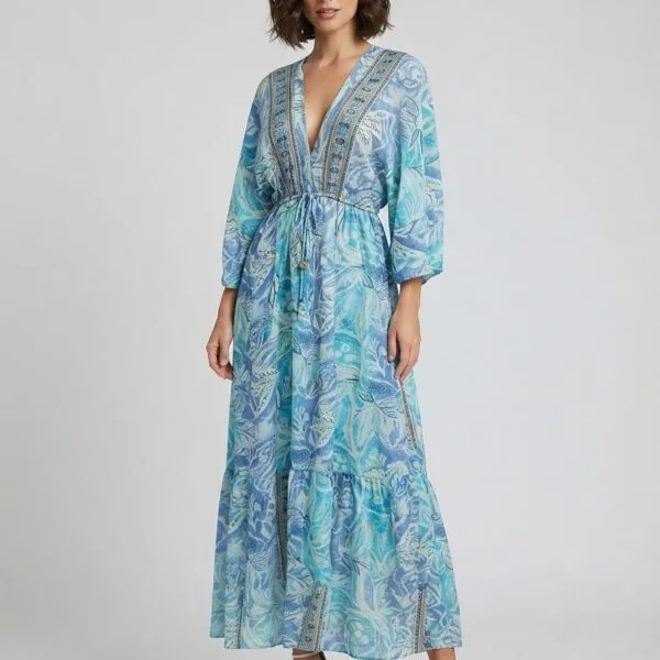 Aegean Mist Embroidered V-Neck Tiered Maxi Dress