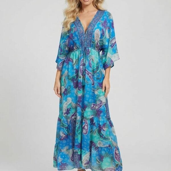 Sapphire Bloom Embroidered V-Neck Tiered Maxi Dress