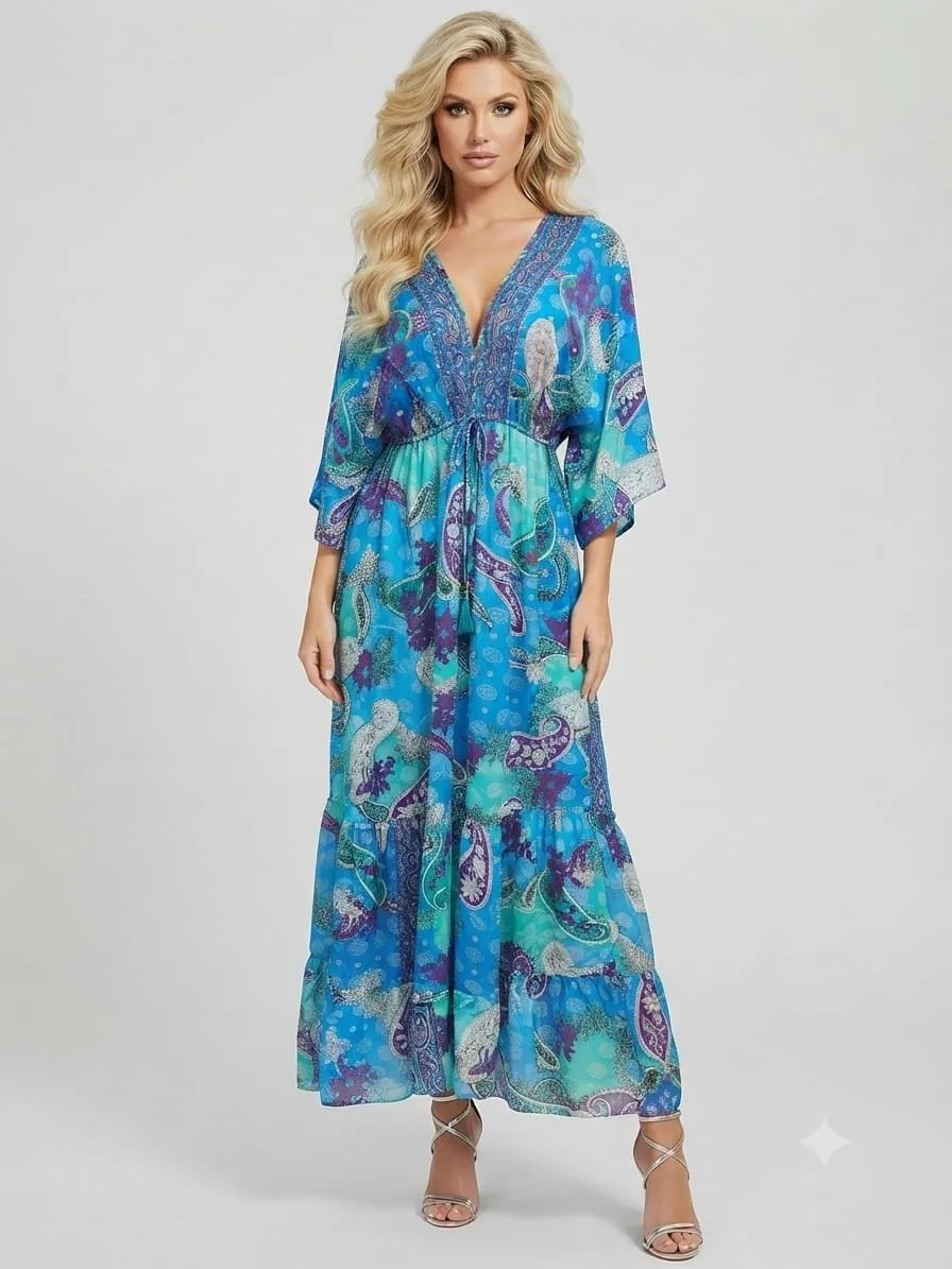 Sapphire Bloom Embroidered V-Neck Tiered Maxi Dress