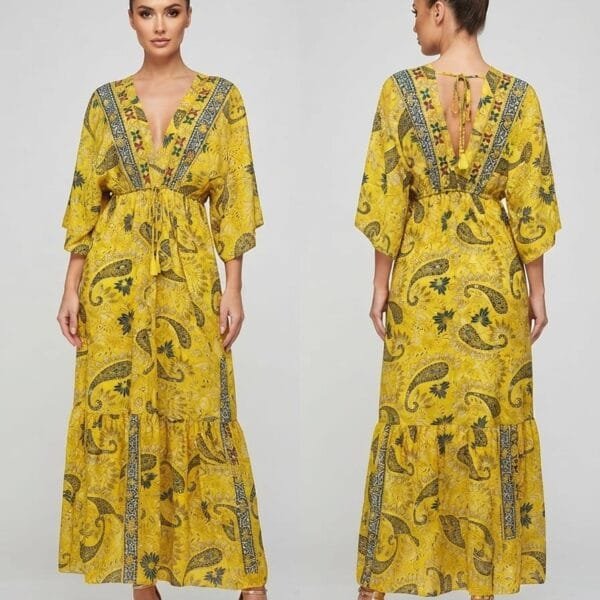 Saffron Paisley Embroidered V-Neck Tiered Maxi Dress