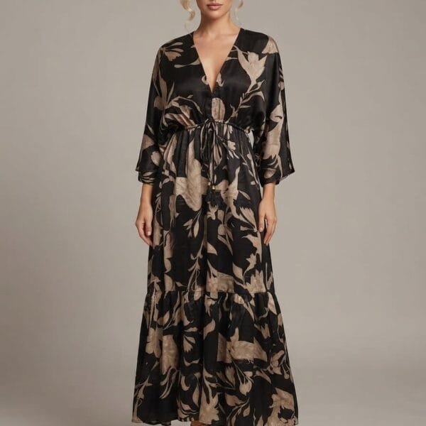 Onyx Palm Embroidered V-Neck Tiered Maxi Dress