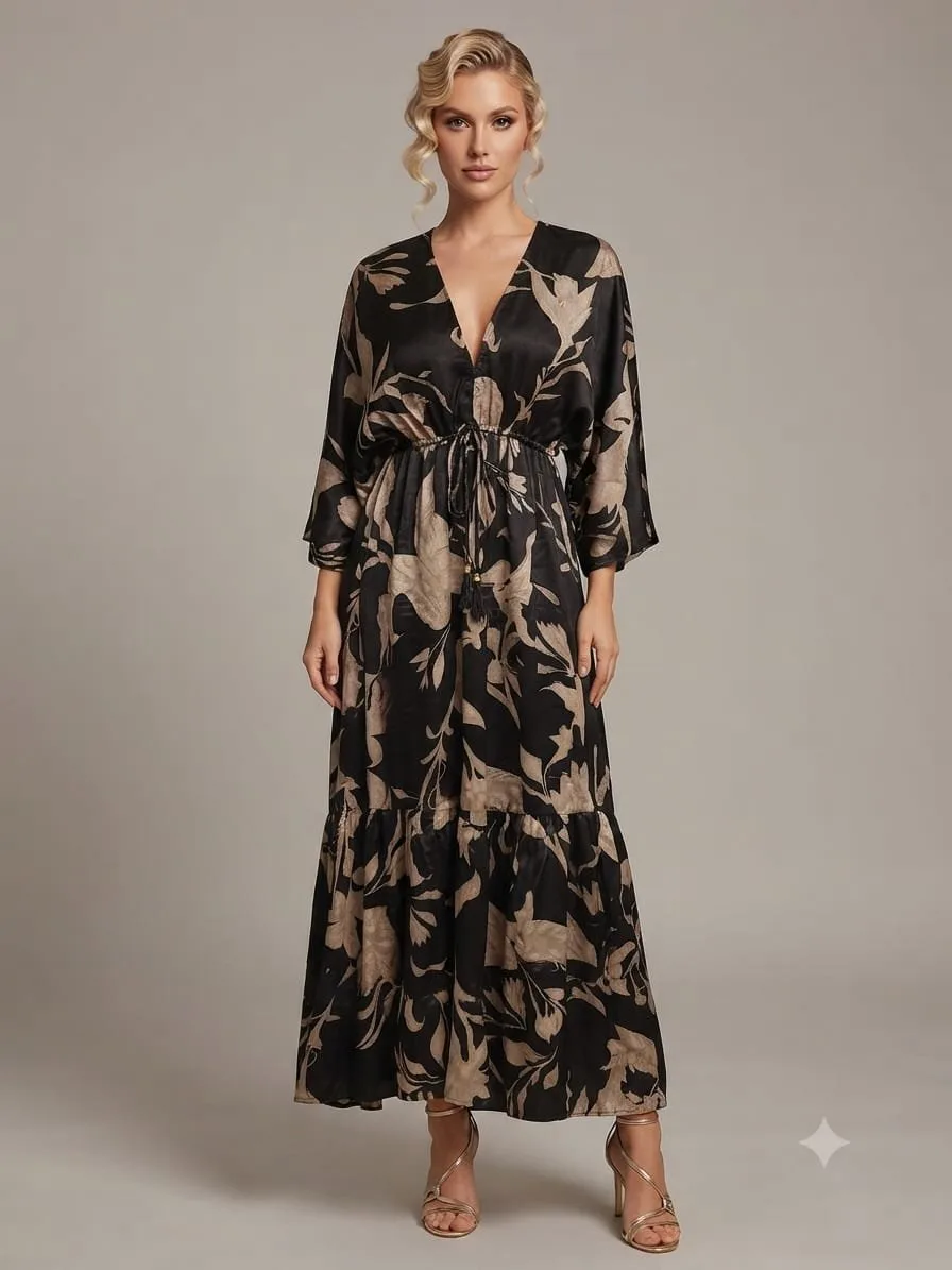 Onyx Palm Embroidered V-Neck Tiered Maxi Dress