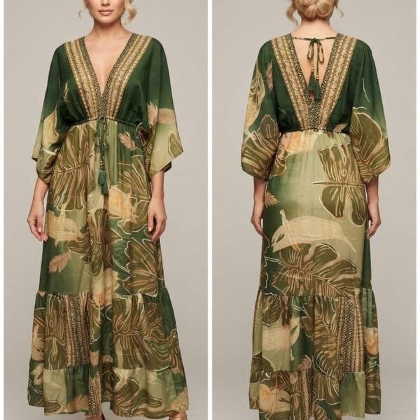Emerald Frond Embroidered V-Neck Tiered Maxi Dress