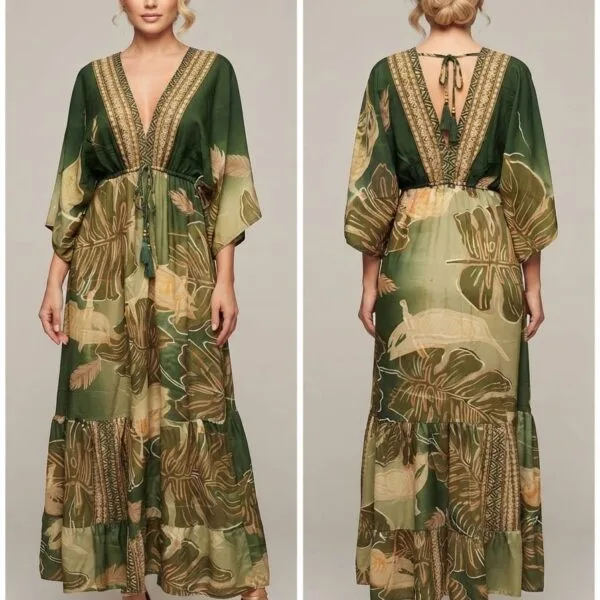 Emerald Frond Embroidered V-Neck Tiered Maxi Dress