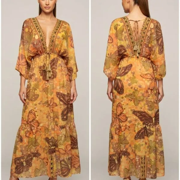 Amber Monarch Embroidered V-Neck Tiered Maxi Dress