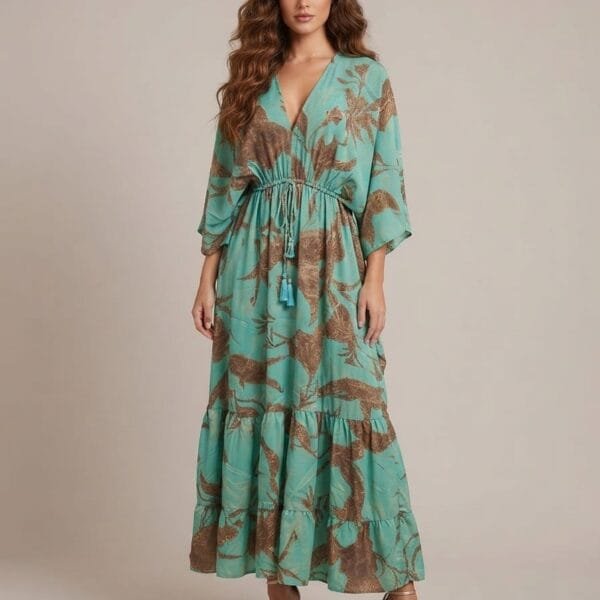 Seafoam Vine Embroidered V-Neck Tiered Maxi Dress