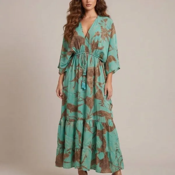 Seafoam Vine Embroidered V-Neck Tiered Maxi Dress