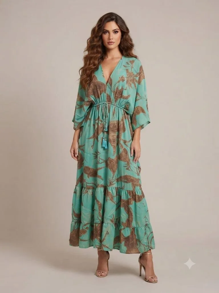 Seafoam Vine Embroidered V-Neck Tiered Maxi Dress
