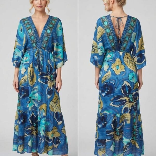 Lapis Garden Embroidered V-Neck Tiered Maxi Dress