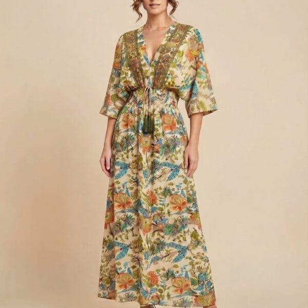 Olive Blossom Kimono Maxi Dress