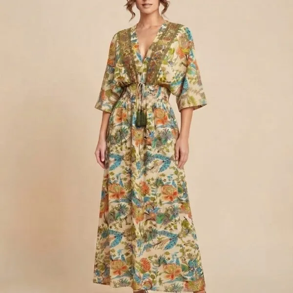Olive Blossom Kimono Maxi Dress
