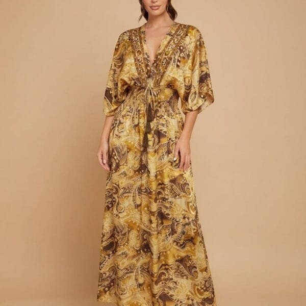 Golden Damask Kimono Maxi Dress