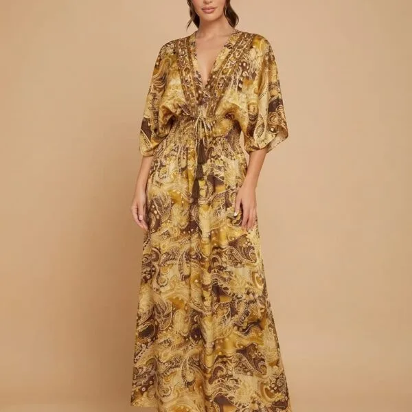 Golden Damask Kimono Maxi Dress