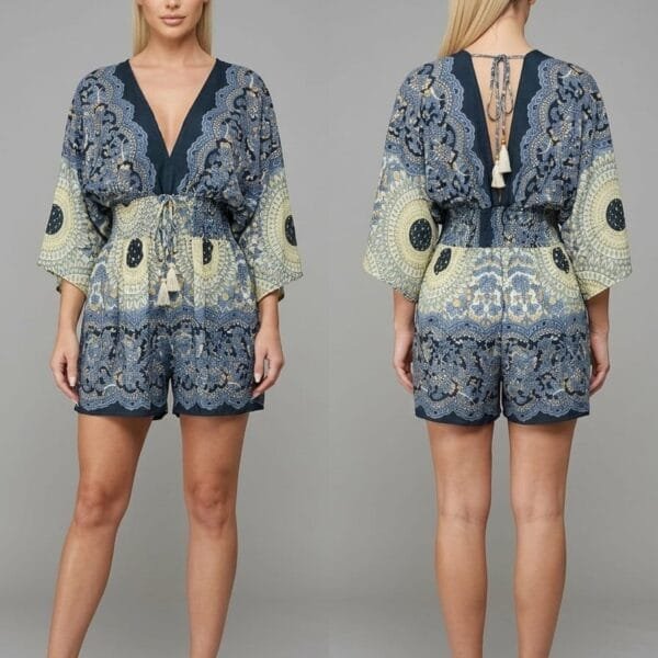 Navy Medallion Bell Sleeve Romper