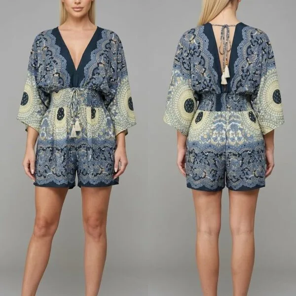 Navy Medallion Bell Sleeve Romper