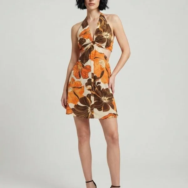 Autumn Bloom Halter Cutout Mini Dress