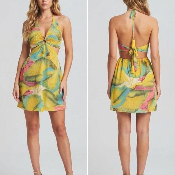 Citrus Splash Halter Cutout Mini Dress