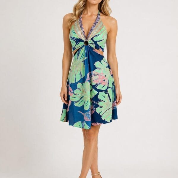 Navy Hibiscus Halter Cutout Mini Dress